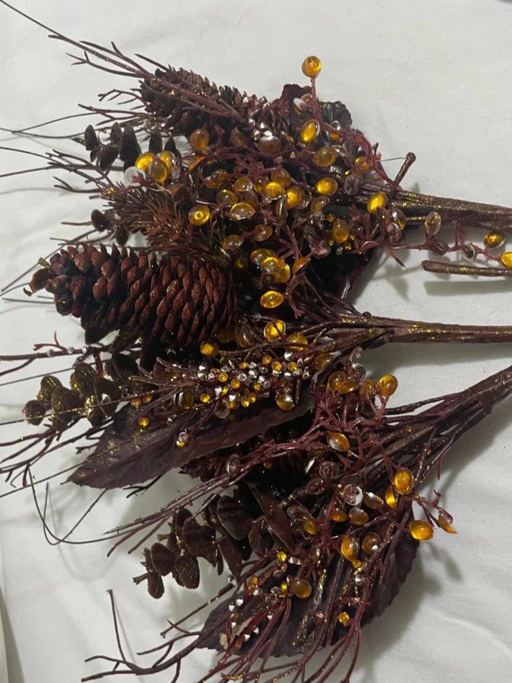 Lot of 3 Fall Pumpkin Pinecone Berry Floral Picks & Glitter Scatter Fillers Deco